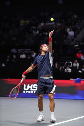 SHENZHEN, CHINA - DECEMBER 28: Zhang Zhizhen of China returns a shot in the Men s Singles match against Valentin Vacherot of Monaco on day 3 of the 2025 World Tennis Continental Cup at Shenzhen Universiade Center on December 28, 2025 in Shenzhen, Guangdong Province of China.  Copyright: xVCGx 111612320692