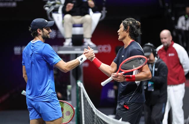 SHENZHEN, CHINA - DECEMBER 28: Zhang Zhizhen (R) of China shakes hands with Valentin Vacherot of Monaco in the Men s Singles match on day 3 of the 2025 World Tennis Continental Cup at Shenzhen Universiade Center on December 28, 2025 in Shenzhen, Guangdong Province of China.  Copyright: xVCGx 111612320697