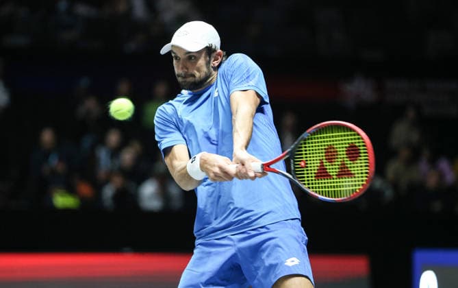SHENZHEN, CHINA - DECEMBER 27: Valentin Vacherot of Monaco returns a shot in the Men s Singles match against Andrey Rublev on day 2 of the 2025 World Tennis Continental Cup at Shenzhen Universiade Center on December 27, 2025 in Shenzhen, Guangdong Province of China.  Copyright: xVCGx 111612226739