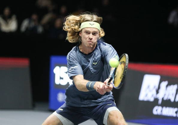SHENZHEN, CHINA - DECEMBER 27: Andrey Rublev returns a shot in the Men s Singles match against Valentin Vacherot of Monaco on day 2 of the 2025 World Tennis Continental Cup at Shenzhen Universiade Center on December 27, 2025 in Shenzhen, Guangdong Province of China.  Copyright: xVCGx 111612226742