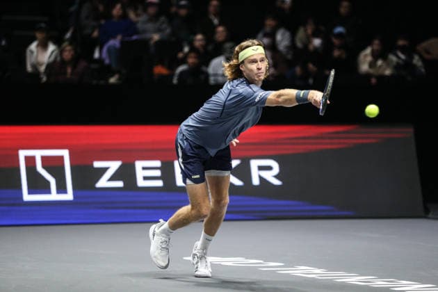 SHENZHEN, CHINA - DECEMBER 27: Andrey Rublev returns a shot in the Men s Singles match against Valentin Vacherot of Monaco on day 2 of the 2025 World Tennis Continental Cup at Shenzhen Universiade Center on December 27, 2025 in Shenzhen, Guangdong Province of China.  Copyright: xVCGx 111612226745