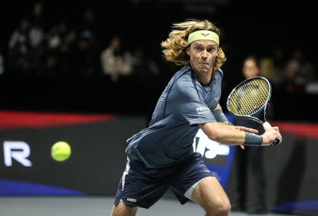 SHENZHEN, CHINA - DECEMBER 27: Andrey Rublev returns a shot in the Men s Singles match against Valentin Vacherot of Monaco on day 2 of the 2025 World Tennis Continental Cup at Shenzhen Universiade Center on December 27, 2025 in Shenzhen, Guangdong Province of China.  Copyright: xVCGx 111612226746