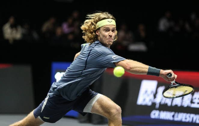 SHENZHEN, CHINA - DECEMBER 27: Andrey Rublev returns a shot in the Men s Singles match against Valentin Vacherot of Monaco on day 2 of the 2025 World Tennis Continental Cup at Shenzhen Universiade Center on December 27, 2025 in Shenzhen, Guangdong Province of China.  Copyright: xVCGx 111612226747