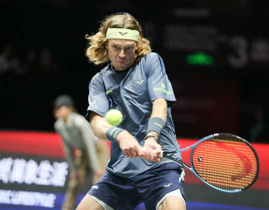 SHENZHEN, CHINA - DECEMBER 27: Andrey Rublev returns a shot in the Men s Singles match against Valentin Vacherot of Monaco on day 2 of the 2025 World Tennis Continental Cup at Shenzhen Universiade Center on December 27, 2025 in Shenzhen, Guangdong Province of China.  Copyright: xVCGx 111612226748