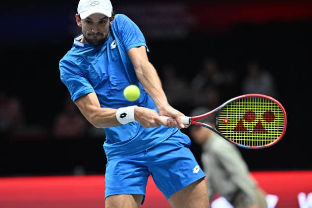 SHENZHEN, CHINA - DECEMBER 27: Valentin Vacherot of Monaco returns a shot in the Men s Singles match against Andrey Rublev on day 2 of the 2025 World Tennis Continental Cup at Shenzhen Universiade Center on December 27, 2025 in Shenzhen, Guangdong Province of China.  Copyright: xVCGx 111612220912