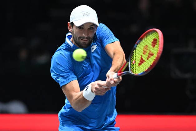 SHENZHEN, CHINA - DECEMBER 27: Valentin Vacherot of Monaco returns a shot in the Men s Singles match against Andrey Rublev on day 2 of the 2025 World Tennis Continental Cup at Shenzhen Universiade Center on December 27, 2025 in Shenzhen, Guangdong Province of China.  Copyright: xVCGx 111612220915