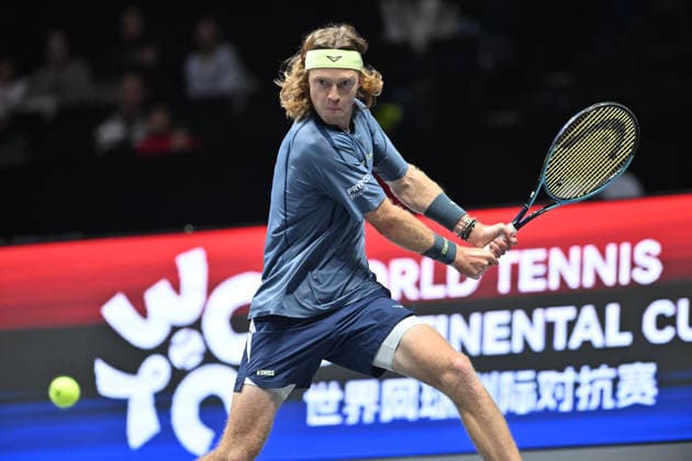 SHENZHEN, CHINA - DECEMBER 27: Andrey Rublev returns a shot in the Men s Singles match against Valentin Vacherot of Monaco on day 2 of the 2025 World Tennis Continental Cup at Shenzhen Universiade Center on December 27, 2025 in Shenzhen, Guangdong Province of China.  Copyright: xVCGx 111612220927