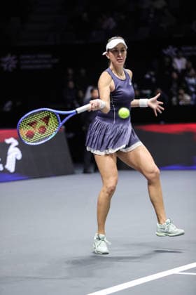 SHENZHEN, CHINA - DECEMBER 28: Belinda Bencic of Switzerland returns a shot in the Women s Singles match against Elena Rybakina of Kazakhstan on day 3 of the 2025 World Tennis Continental Cup at Shenzhen Universiade Center on December 28, 2025 in Shenzhen, Guangdong Province of China.  Copyright: xVCGx 111612321832
