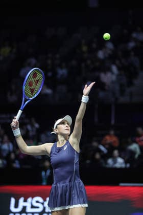 SHENZHEN, CHINA - DECEMBER 28: Belinda Bencic of Switzerland returns a shot in the Women s Singles match against Elena Rybakina of Kazakhstan on day 3 of the 2025 World Tennis Continental Cup at Shenzhen Universiade Center on December 28, 2025 in Shenzhen, Guangdong Province of China.  Copyright: xVCGx 111612321833