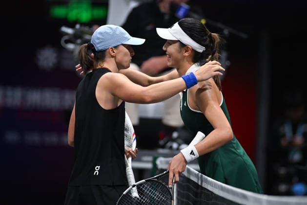 SHENZHEN, CHINA - DECEMBER 27: Iga Swiatek (L) of Poland hugs Wang Xinyu of China in the Women s Singles match on day 2 of the 2025 World Tennis Continental Cup at Shenzhen Universiade Center on December 27, 2025 in Shenzhen, Guangdong Province of China.  Copyright: xVCGx 111612196346