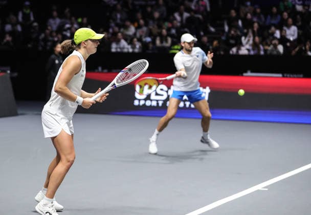 SHENZHEN, CHINA - DECEMBER 28: Iga Swiatek of Poland and Valentin Vacherot of Monaco return a shot in the Mixed Doubles match against Elena Rybakina of Kazakhstan and Andrey Rublev on day 3 of the 2025 World Tennis Continental Cup at Shenzhen Universiade Center on December 28, 2025 in Shenzhen, Guangdong Province of China.  Copyright: xVCGx 111612349538