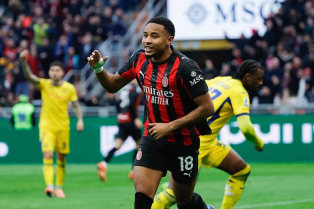 Christopher Nkunku of AC Milan celebrates after scoring goal in the 53th minute for 3-0 during the match of 17th day of the Serie A Championship between AC Milan - Hellas Verona FC at the San Siro Stadium on 28 December 2025 in Milano, MI. during AC Milan vs Hellas Verona FC, Italian soccer Serie A match in Milan, Italy, December 28 2025  Copyright: xEmanuelexPennacchio IPAxSportx xipa-agency.netx xx IPA_69515553 IPA_Agency_IPA69515553