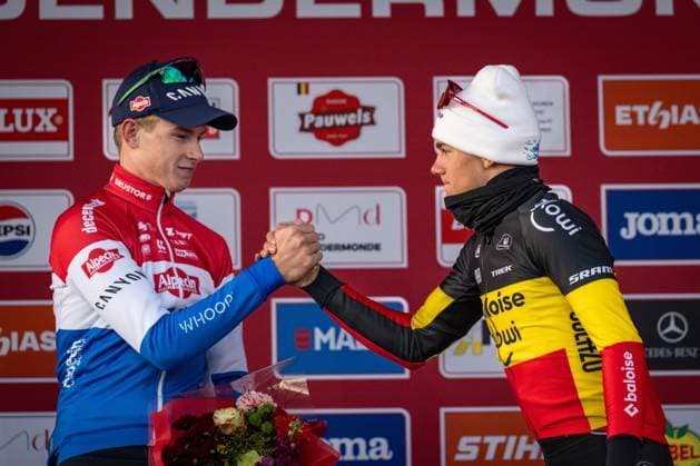 Dutch Tibor Del Grosso and Belgian Thibau Nys pictured on the podium after the men s elite race at the World Cup cyclocross cycling event in Dendermonde, Belgium, stage 8 (out of 12) of the UCI World Cup cyclocross competition, Sunday 28 December 2025. DAVIDxPINTENS  x151950723x