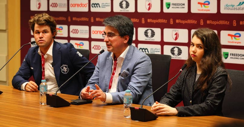 Sport Themen der Woche KW52 Chess 2025 : FIDE World Rapid & Blitz Chess Championship Doha, Qatar Magnus Carlsen and Aleksandra Goryachkina the winners during a press conference, PK, Pressekonferenz Doha Qatar University Sports & Events Complex Qatar Copyright: xSeshadrixSukumarx