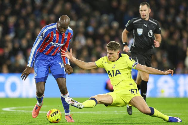 28th December 2025; Selhurst Park, Selhurst, London, England; Premier League Football, Crystal Palace versus Tottenham Hotspur; Micky van de Ven of Tottenham Hotspur tackles Jean-Philippe Mateta of Crystal Palace  IanxStephen