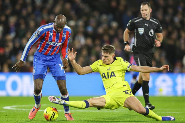 28th December 2025; Selhurst Park, Selhurst, London, England; Premier League Football, Crystal Palace versus Tottenham Hotspur; Micky van de Ven of Tottenham Hotspur tackles Jean-Philippe Mateta of Crystal Palace  IanxStephen