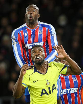 28th December 2025; Selhurst Park, Selhurst, London, England; Premier League Football, Crystal Palace versus Tottenham Hotspur; Jean-Philippe Mateta of Crystal Palace jumps on top of Kevin Danso of Tottenham Hotspur  IanxStephen