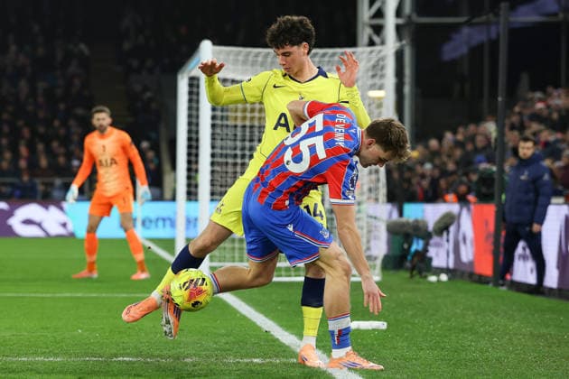 28th December 2025; Selhurst Park, Selhurst, London, England; Premier League Football, Crystal Palace versus Tottenham Hotspur; Justin Devenny of Crystal Palace battles with Archie Gray of Tottenham Hotspur  IanxStephen