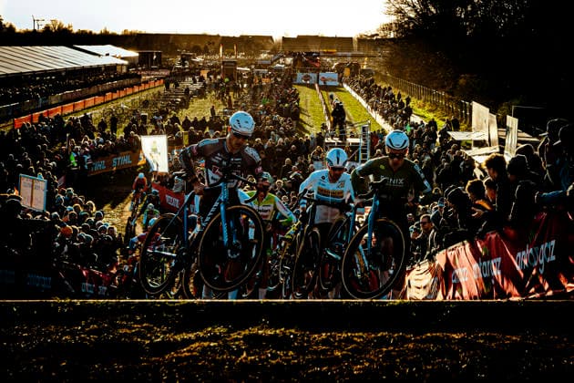 Cyclocross - UCI cyclo-cross World Cup Dendermonde Niels Vandeputte (BEL Alpecin - Deceuninck Development Team), CX European Champion Toon Aerts (BEL Deschacht-Hens CX Team) and Ryan Kamp (NED Fenix) up the stairs UCI CYCLO CROSS WORLD CUP Men Elite 2025 2026 (CDM) - Dendermonde Belgium Photo: Stijn Bastens CC Dendermonde Belgium  Copyright: xContentxCurationx StijnxBastensx xCCx