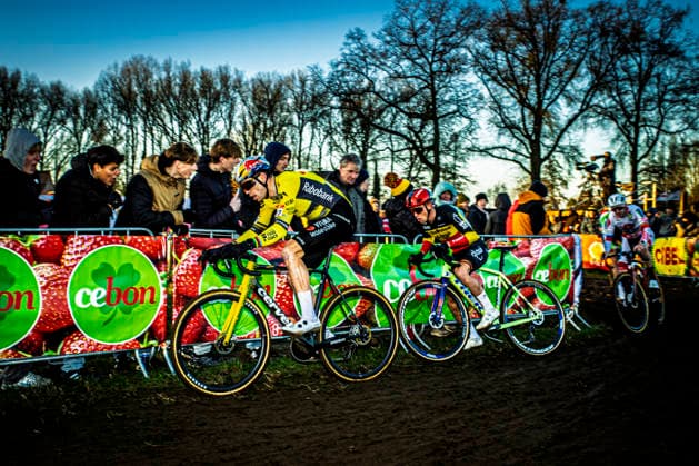Cyclocross - UCI cyclo-cross World Cup Dendermonde Wout van Aert (BEL Team Visma Lease a Bike) powering through the mud ahead of Belgian national champion Thibau Nys (BEL Baloise Glowi Lions), who makes a small mistake UCI CYCLO CROSS WORLD CUP Men Elite 2025 2026 (CDM) - Dendermonde Belgium Photo: Stijn Bastens CC Dendermonde Belgium  Copyright: xContentxCurationx StijnxBastensx xCCx