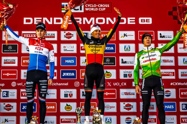 Cyclocross - UCI cyclo-cross World Cup Dendermonde Podium of the Men Elite UCI CYCLO CROSS WORLD CUP race Dendermonde with Belgian national champion Thibau Nys (BEL Baloise Glowi Lions) in first, Dutch national champion Tibor Del Grosso (NED Alpecin - Deceuninck) in second and Laurens Sweeck (BEL Crelan-Corendon) third UCI CYCLO CROSS WORLD CUP Men Elite 2025 2026 (CDM) - Dendermonde Belgium Photo: Stijn Bastens CC Dendermonde Belgium  Copyright: xContentxCurationx StijnxBastensx xCCx