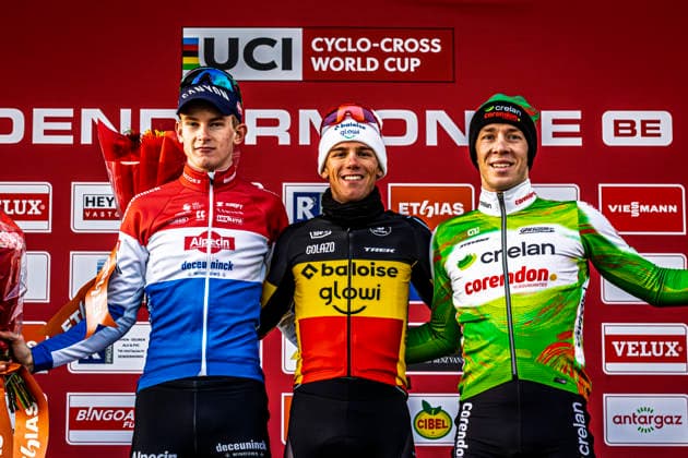 Cyclocross - UCI cyclo-cross World Cup Dendermonde Podium of the Men Elite UCI CYCLO CROSS WORLD CUP race Dendermonde with Belgian national champion Thibau Nys (BEL Baloise Glowi Lions) in first, Dutch national champion Tibor Del Grosso (NED Alpecin - Deceuninck) in second and Laurens Sweeck (BEL Crelan-Corendon) third UCI CYCLO CROSS WORLD CUP Men Elite 2025 2026 (CDM) - Dendermonde Belgium Photo: Stijn Bastens CC Dendermonde Belgium  Copyright: xContentxCurationx StijnxBastensx xCCx