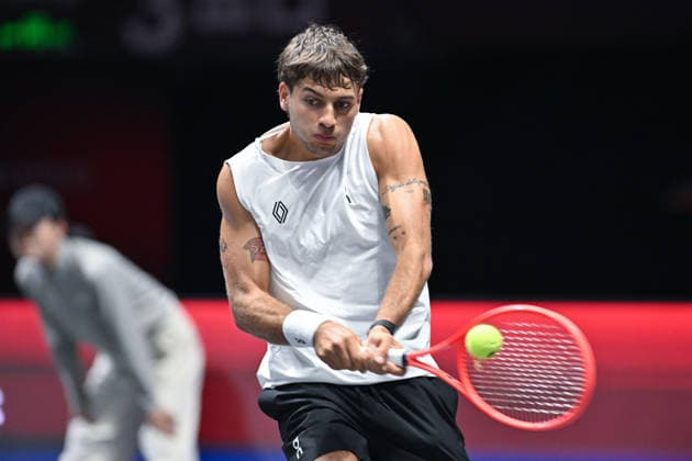 SHENZHEN, CHINA - DECEMBER 28: Flavio Cobolli of Italy returns a shot in the Men s Singles match against Andrey Rublev on day 3 of the 2025 World Tennis Continental Cup at Shenzhen Universiade Center on December 28, 2025 in Shenzhen, Guangdong Province of China.  Copyright: xVCGx 111612362586