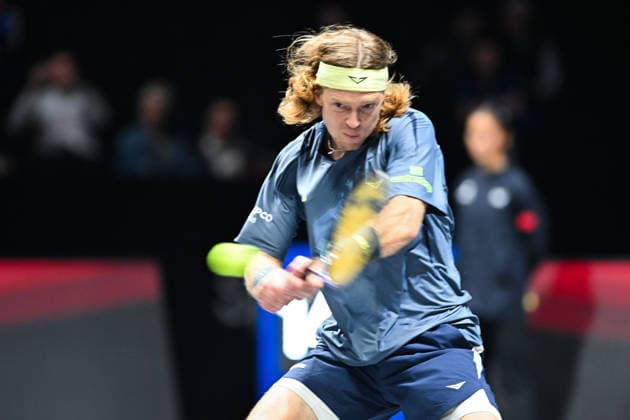SHENZHEN, CHINA - DECEMBER 28: Andrey Rublev returns a shot in the Men s Singles match against Flavio Cobolli of Italy on day 3 of the 2025 World Tennis Continental Cup at Shenzhen Universiade Center on December 28, 2025 in Shenzhen, Guangdong Province of China.  Copyright: xVCGx 111612362585