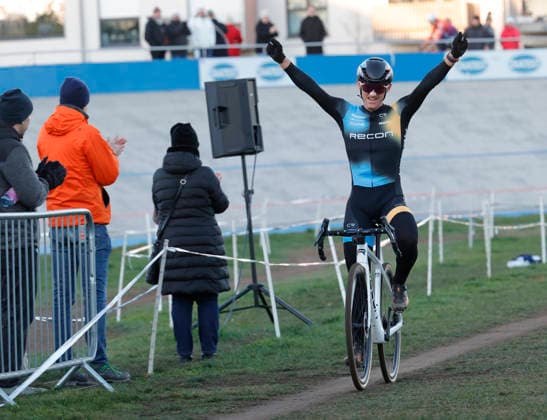 28 12 2025 Cycling Darmstadt cyclocross race at the velodrome here race juniors U19 and elite men here winner jubilation joy emotion start number 20 cyclocross world champion Sascha Starker SSG Bensheim at the finish Darmstadt Hesse Germany