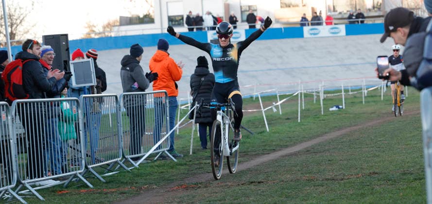 28 12 2025 Cycling Darmstadt cyclocross race at the velodrome here race juniors U19 and elite men here winner jubilation joy emotion start number 20 cyclocross world champion Sascha Starker SSG Bensheim at the finish Darmstadt Hesse Germany