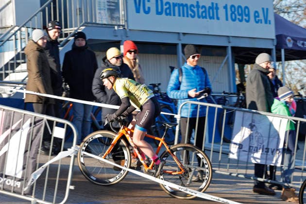 28 12 2025 Cycling Darmstadt Cyclo Cross race at the cycling track in preparation for the DM German Championships in Bensheim 10 11 1 202 here Masters Women winner bib number 201 Julia Nikolopoulos VC Frankfurt Darmstadt Hessen Germany