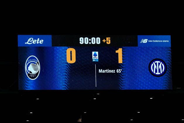 Atalanta BC vs FC Inter Italy, Bergamo, 2025 12 28: final result at the digital score board (FC Inter wins 1-0) at the end of soccer game Atalanta BC vs FC Inter, Serie A EniLive 2025-2026 day 17 New Balance Arena Bergamo Lombardy Italy Copyright: xFabrizioxAndreaxBertanix