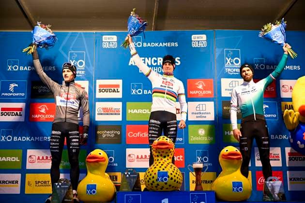 X2O Badkamers Trofee 2025-2026 Loenhout LOENHOUT, BELGIUM - DECEMBER 29 : Nieuwenhuis Joris (NED) of Ridley Racing Team, Vandeputte Niels (BEL) of Alpecin-Deceuninck, Van Der Poel Mathieu (NED) of Alpecin-Deceuninck on the podium during the 5th leg of the Azencross X2O Badkamers Trofee 2025-2026 a cyclocross race for Men Elite on December 29, 2025 in Loenhout, Belgium, 29 12 2025 ( Loenhout Belgium  Copyright: xNicoxVereeckenx