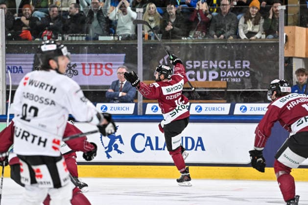 DAVOS, SWITZERLAND DECEMBER 29 Martins Dzierkals of Sparta Praha celebrate his goal during the Spengler Cup Davos match between HC Sparta Praha v Team Canada at Zondacrypto Arena on December 29, 2025 in Davos, Switzerland Davos Graubunden Switzerland Copyright: xJustPictures.ch AndreaxBrancax jp-en-EuSpIm-AB_29122025_AAB_4913