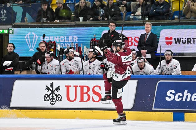 DAVOS, SWITZERLAND DECEMBER 29 Martins Dzierkals of Sparta Praha celebrate his goal during the Spengler Cup Davos match between HC Sparta Praha v Team Canada at Zondacrypto Arena on December 29, 2025 in Davos, Switzerland Davos Graubunden Switzerland Copyright: xJustPictures.ch AndreaxBrancax jp-en-EuSpIm-AB_29122025_AAB_4942