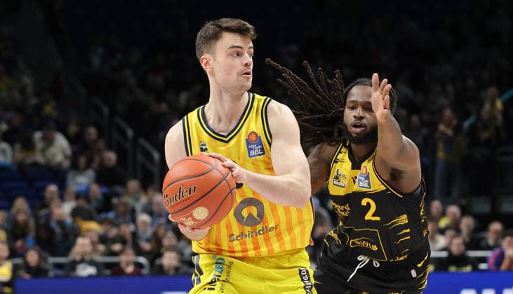 Jonas Mattisseck on the ball, Tray Buchanan duel Game scene Action Sport Basketball BBL Bundesliga Men 1 Matchday Season 2025 2026 29 12 2025 ALBA Berlin vs MHP Riesen Ludwigsburg