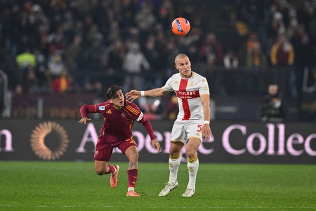 Paulo Dybala of A.S. Roma and Leo Ostigard of Genoa C.F.C. are in action during the 17th day of the Serie A Championship between A.S. Roma and Genoa C.F.C. at the Olympic Stadium on December 29, 2025 in Rome, Italy.  Copyright: xDomenicoxCippitelli IPAxSportx xipa-agency.netx xx IPA_69547177 IPA_Agency_IPA69547177