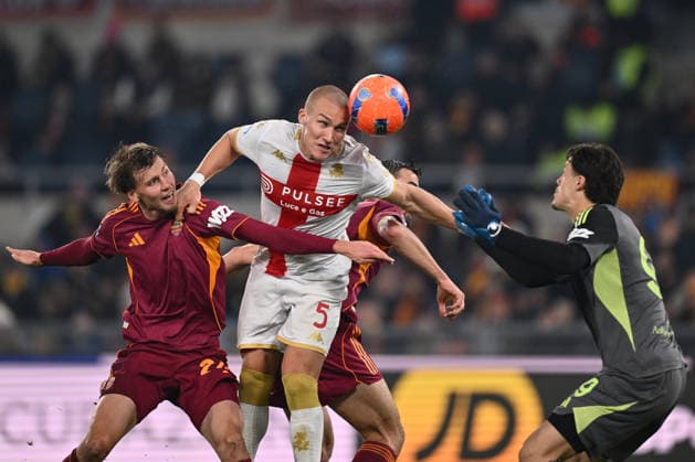 Jan Zitkowski of A.S. Roma, Leo Ostigard of Genoa C.F.C. and Mile Svilar of A.S. Roma are in action during the 17th day of the Serie A Championship between A.S. Roma and Genoa C.F.C. at the Olympic Stadium on December 29, 2025 in Rome, Italy.  Copyright: xDomenicoxCippitelli IPAxSportx xipa-agency.netx xx IPA_69547318 IPA_Agency_IPA69547318