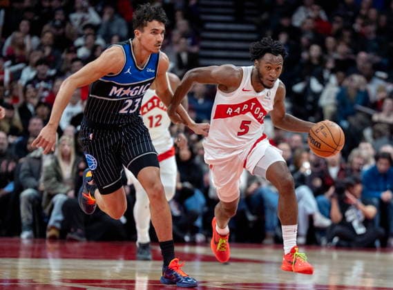 December 29, 2025, Toronto, On, Canada: Toronto Raptors guard Immanuel Quickley (5) works up the court against Orlando Magic forward Tristan da Silva (23) during first half NBA, Basketball Herren, USA action in Toronto on Monday December 29, 2025. Canada News - December 29, 2025  - ZUMAc35_ 20251229_zaf_c35_047 Copyright: xFrankxGunnx