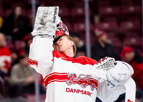 December 29, 2025, Minneapolis, Mn, Canada: Denmark s Patrick Tiedjen (35) reacts during first period IIHF World Junior Championship hockey action against Canada in Minneapolis on Monday, Dec. 29, 2025. Canada News - December 29, 2025  - ZUMAc35_ 20251229_zaf_c35_050 Copyright: xChristopherxKatsarovx