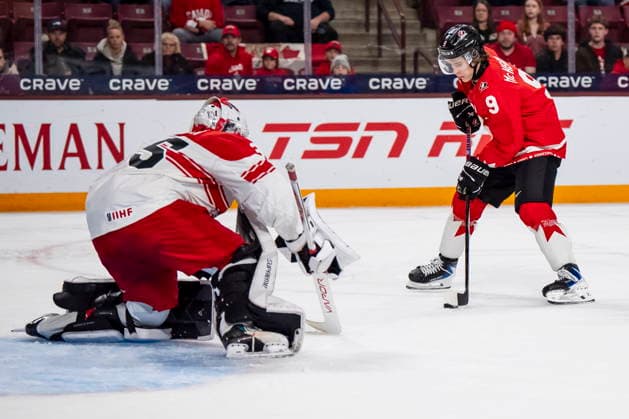 December 29, 2025, Minneapolis, Mn, Canada: Canada s Gavin McKenna (9) scores on Denmark goaltender Patrick Tiedjen (35) during third period IIHF World Junior Championship hockey action in Minneapolis on Monday, Dec. 29, 2025. Canada News - December 29, 2025  - ZUMAc35_ 20251229_zaf_c35_068 Copyright: xChristopherxKatsarovx