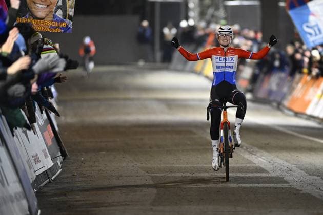 Dutch Puck Pieterse pictured as she crosses the finish line of the women elite race of Diegem Cross cyclocross cycling event, Tuesday 30 December 2025 in Diegem, stage 6 8 in the Superprestige cyclocross cycling competition. JASPERxJACOBS  x152417268x