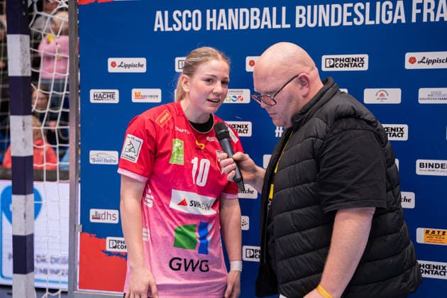 HSG Blomberg Lippe GER vs SV Union Halle Neustadt GER , Handball, 1 Handball Bundesliga Women, 10 Matchday, 30 12 2025, Season 2025 2026, Lemgo Viktoria Marksteiner SV Union Halle Neustadt, 10 at an interview Lemgo Phoenix Contact Arena Germany