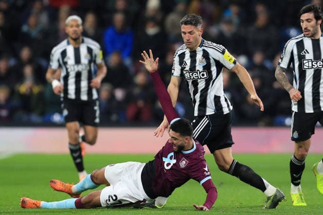 30th December 2025; Turf Moor, Burnley, Lancashire, England; Premier League Football, Burnley versus Newcastle United; Armando Broja of Burnley is fouled by Fabian Schar of Newcastle United  DavidxBlunsden