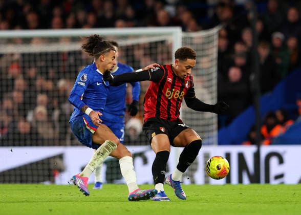 30th December 2025; Stamford Bridge, Chelsea, London, England: Premier League Football, Chelsea versus Bournemouth; Marcus Tavernier of AFC Bournemouth challenged by Malo Gusto of Chelsea  JohnxPatrickxFletcher