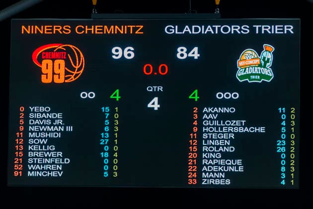 30 12 2025, xomx, Basketball easyCredit BBL Bundesliga, NINERS Chemnitz VET Concept Gladiators Trier v l Final score 96 84 The scoreboard symbol image Chemnitz