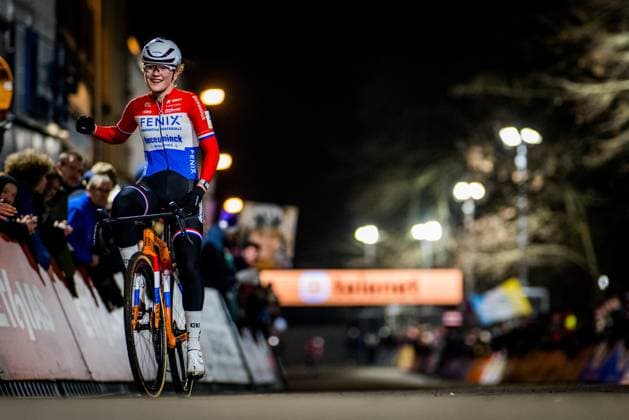 Dutch Puck Pieterse celebrates as she crosses the finish line at the women elite race of Diegem Cross cyclocross cycling event, Tuesday 30 December 2025 in Diegem, stage 6 8 in the Superprestige cyclocross cycling competition. JASPERxJACOBS  x152455585x
