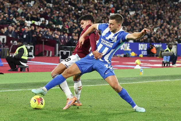 30th December 2025; London Stadium, London, England; Premier League Football, West Ham United versus Brighton and Hove Albion; Joel Veltman of Brighton And Hove Albion battles with James Ward-Prowse of West Ham United  IanxStephen