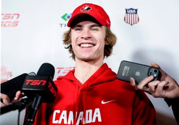 December 30, 2025, Minneapolis, Mn, Canada: Canadian forward Gavin McKenna speaks with reporters following practice at the world junior hockey championship in Minneapolis on Tuesday, Dec. 30, 2025. Canada News - December 30, 2025  - ZUMAc35_ 20251230_zaf_c35_022 Copyright: xChristopherxKatsarovx