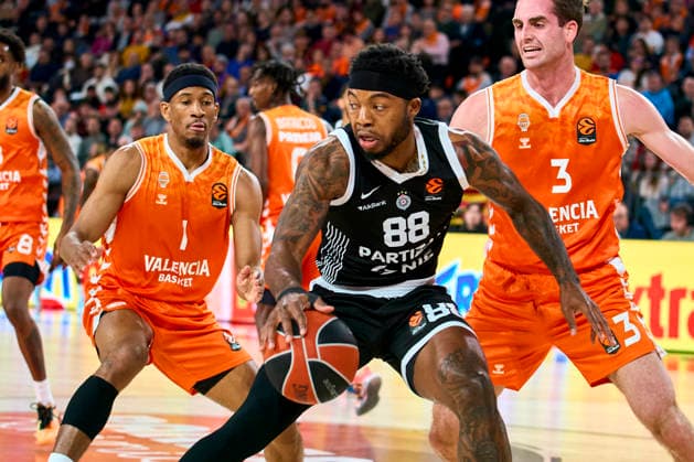 December 30, 2025, Valencia, Spain: Tyrique Jones (Partizan Mozzart Bet Belgrade) and Nathan Reuvers of Valencia basket in action during the Euroleague Regular Season Round 19 between Valencia Basket and Partizan Mozzart Bet Belgrade at Roig Arena Stadium. Final score; Valencia Basket 86:63 Partizan Mozzart Bet Belgrade Valencia Spain - ZUMAs197 20251230_aaa_s197_250 Copyright: xGermanxVidalxPoncex